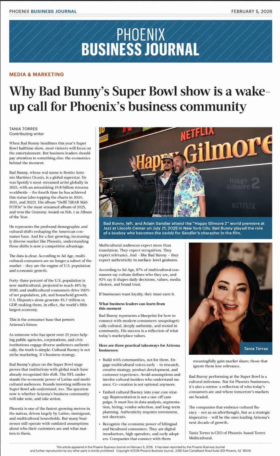 Tearsheet of Tania Torres' Phoenix Business Journal commentary on Bad Bunny's Super Bowl halftime show
